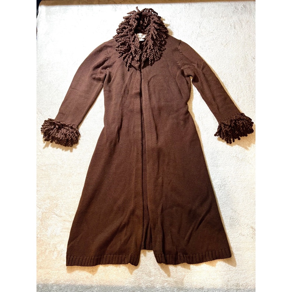 Sharon Young Brown Duster Cardigan Sweater Fringe Collar Cuffs 9202-72 Large